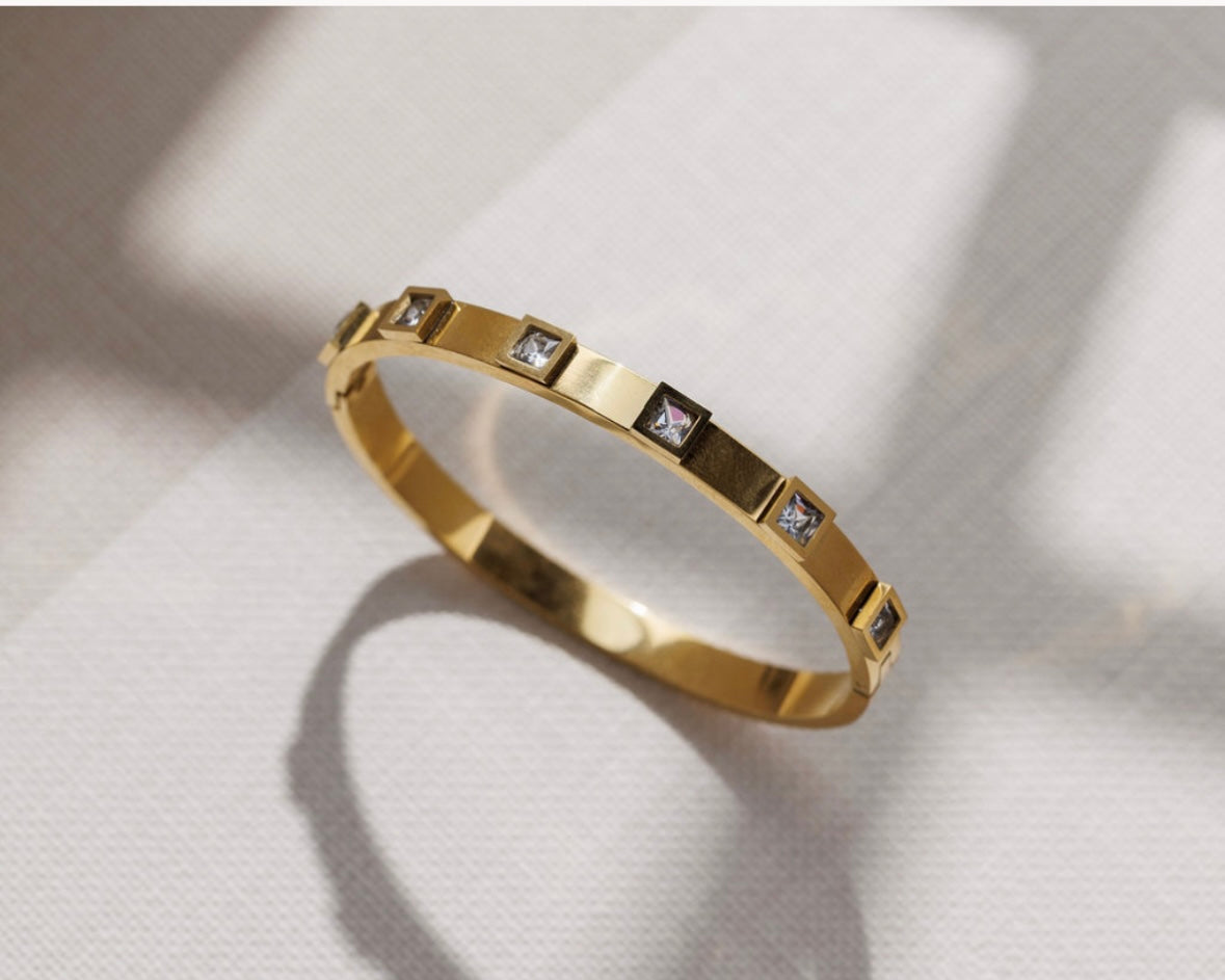 Gold Unique Square Crystal Bangle