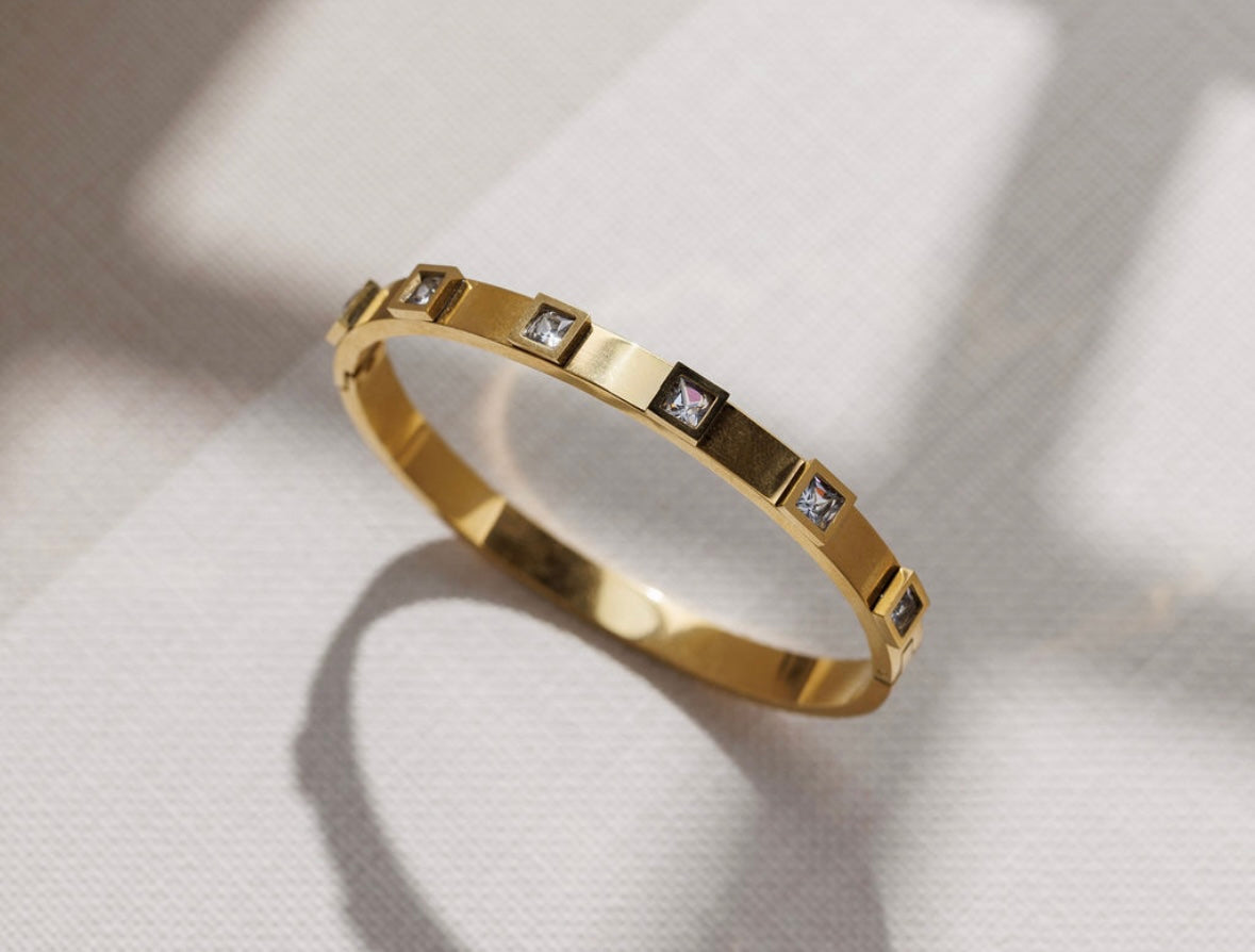 Gold Unique Square Crystal Bangle
