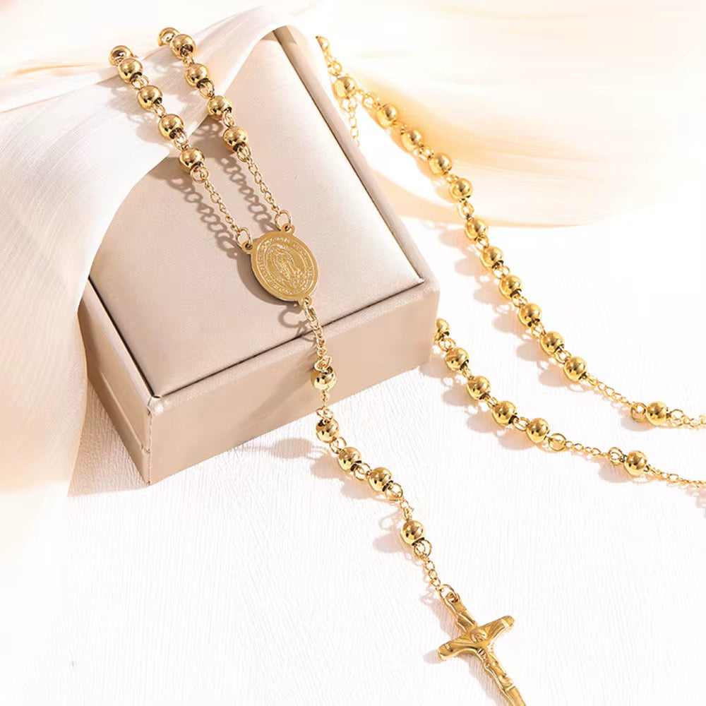 18K Gold Triple-Plated Stainless Steel Rosary Necklace