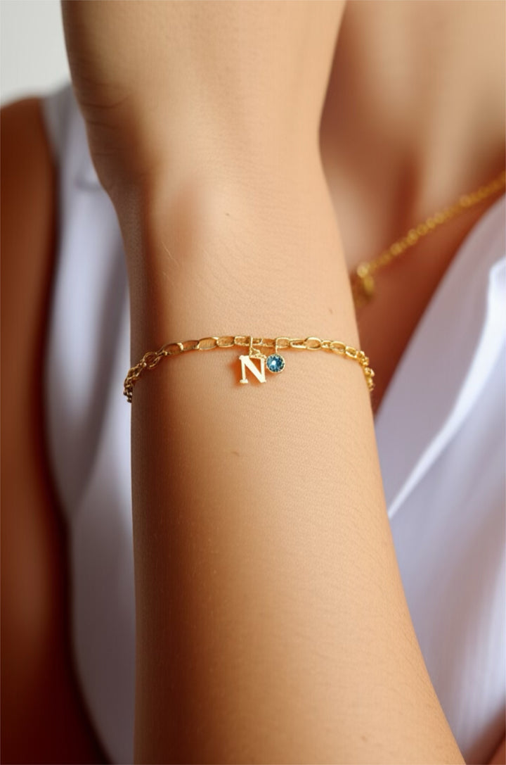 JEM Gold Inital & Birthstone Charm Bracelet