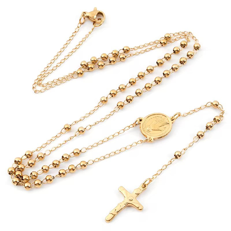 18K Gold Triple-Plated Stainless Steel Rosary Necklace