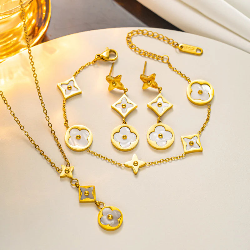 Stunning JEM Luxury Round Geometric Titanium Steel 18K Gold Plated Necklace, Bracelet and Earrings set