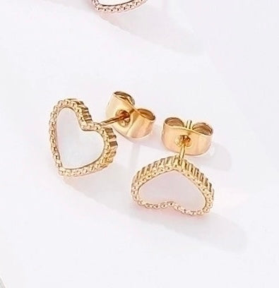 White Shell Pearl Heart Studs – Triple-Plated Gold